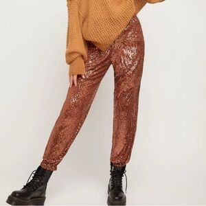 Free People Morelia Bronze Sequin Jogger Style Trouser Pants Women’s Size S P